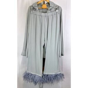 SLEEPER Feather Hem Two Piece Pajama Set Button Top Wide Leg Pants Blue Gray XL